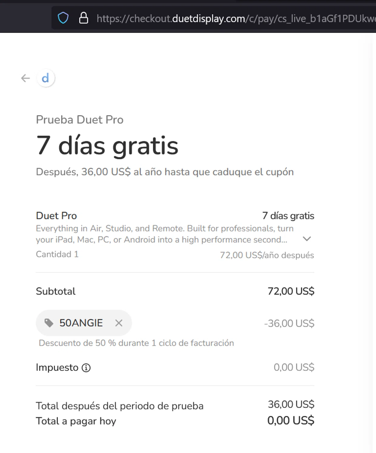 Duet Inc. promo code screenshot showing code 50ANGIE applied at Duet Inc. checkout page. Uploaded by SimplyCodes community member ______________________________ on Apr 30, 2025