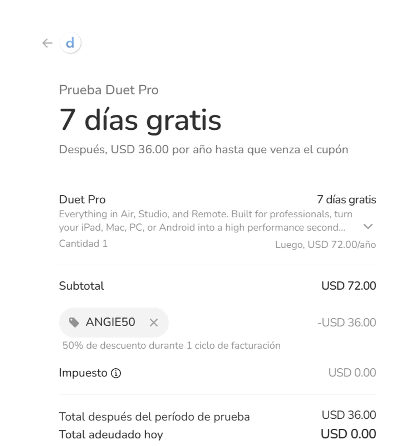 Duet Inc. promo code screenshot showing code ANGIE50 applied at Duet Inc. checkout page. Uploaded by SimplyCodes community member ______________________________ on Apr 26, 2025