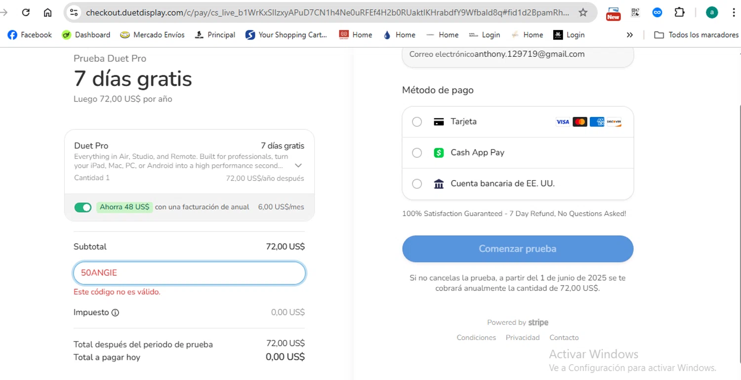 Duet Inc. promo code screenshot showing code 50ANGIE applied at Duet Inc. checkout page. Uploaded by SimplyCodes community member anthonydiaz1 on May 25, 2025