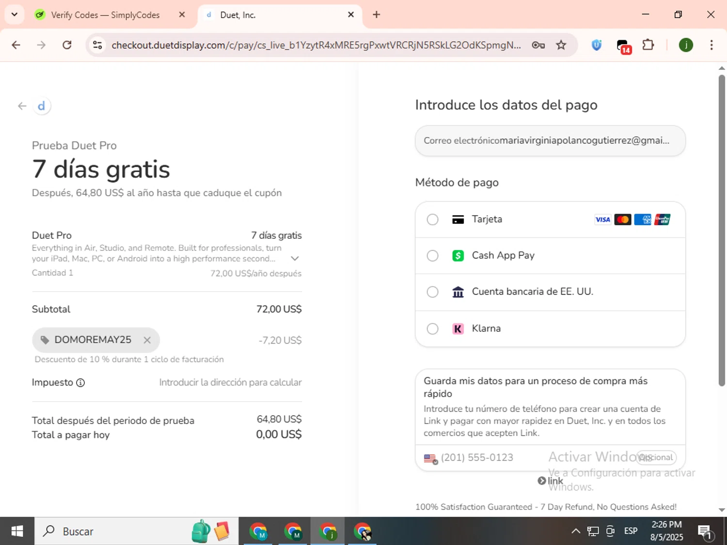 Duet Inc. checkout page showing Duet Inc. promo code box | Screenshot taken by SimplyCodes community member on Aug 5, 2025