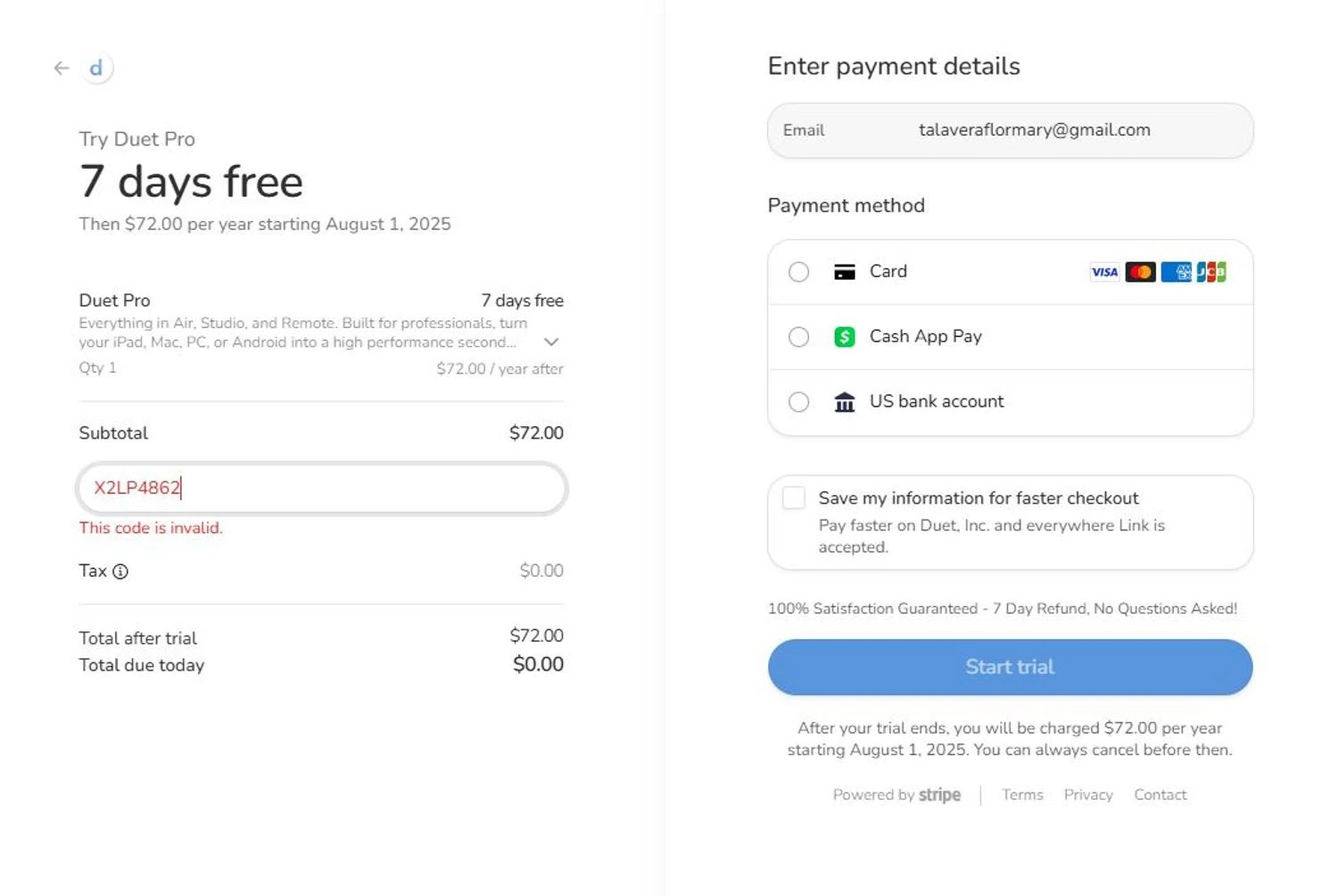 Duet Inc. promo code screenshot showing code X2LP4862 applied at Duet Inc. checkout page. Uploaded by SimplyCodes community member unmentionable on Jul 25, 2025