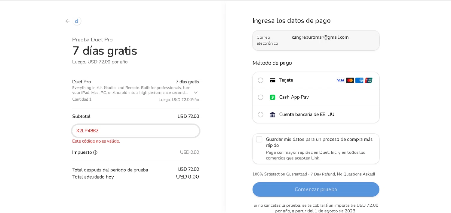 Duet Inc. promo code screenshot showing code X2LP4862 applied at Duet Inc. checkout page. Uploaded by SimplyCodes community member xHRxUltrax on Jul 25, 2025