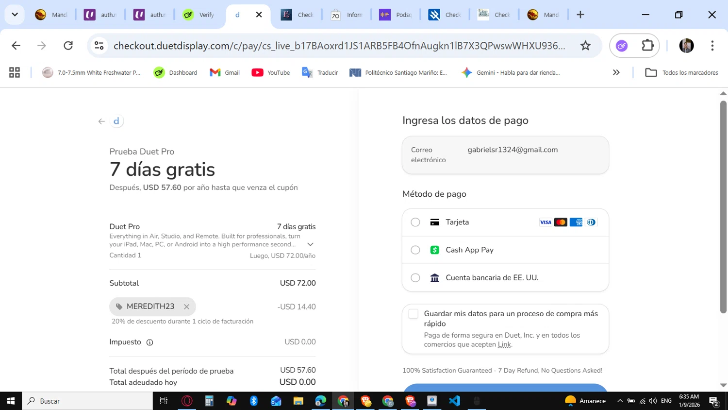 Duet Inc. checkout page showing Duet Inc. promo code box | Screenshot taken by SimplyCodes community member on Jan 9, 2026