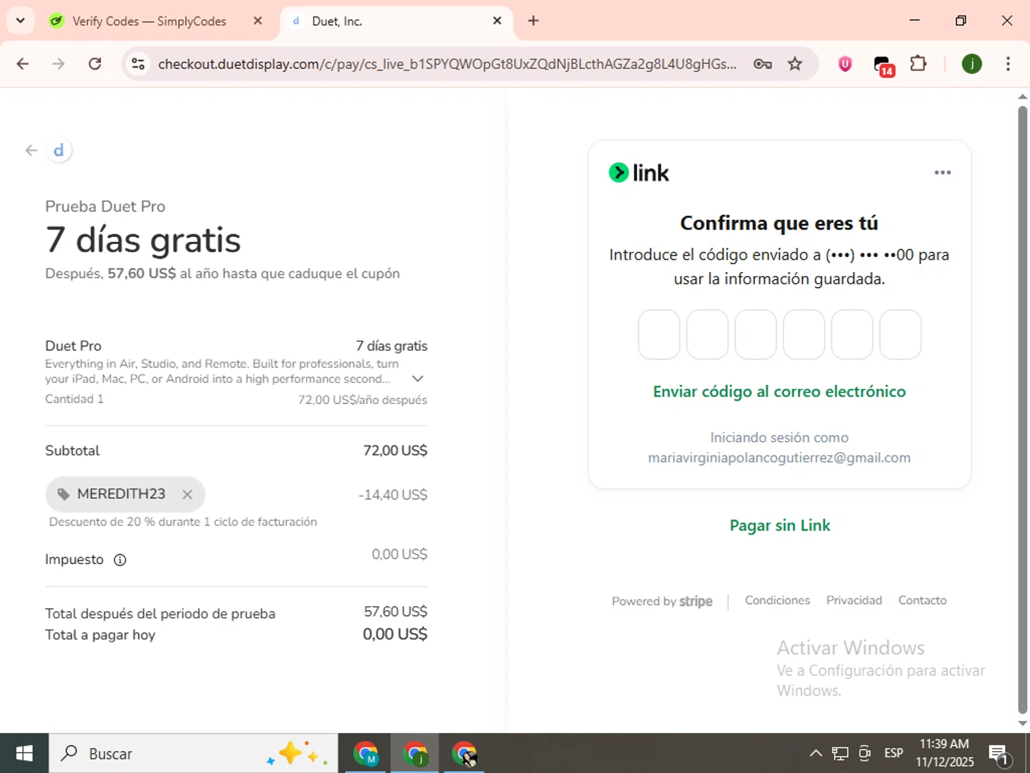 Duet Inc. promo code screenshot showing code MEREDITH23 applied at Duet Inc. checkout page. Uploaded by SimplyCodes community member SavingsCollector2592 on Nov 12, 2025
