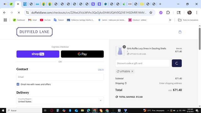 Duffield Lane checkout page showing Duffield Lane promo code box | Screenshot taken by SimplyCodes community member on Jun 16, 2025