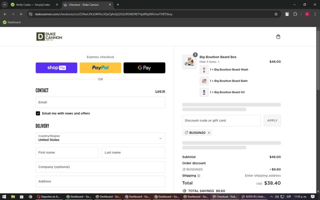 Duke Cannon Supply Co. checkout page showing Duke Cannon Supply Co. promo code box | Screenshot taken by SimplyCodes community member on Aug 1, 2024