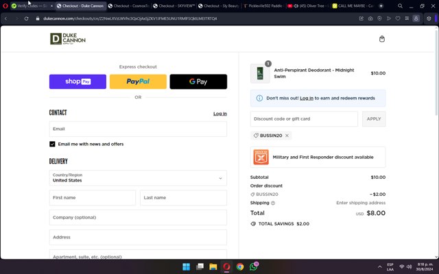Duke Cannon Supply Co. checkout page showing Duke Cannon Supply Co. promo code box | Screenshot taken by SimplyCodes community member on Aug 31, 2024