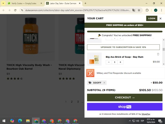Duke Cannon Supply Co. checkout page showing Duke Cannon Supply Co. promo code box | Screenshot taken by SimplyCodes community member on Sep 10, 2024