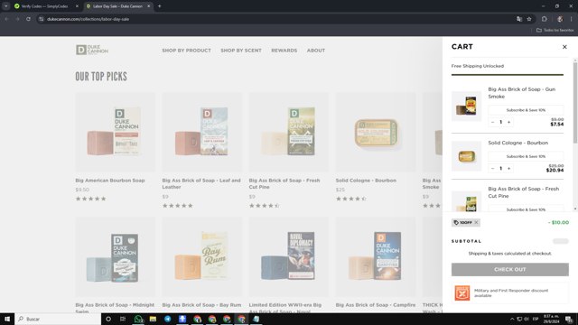 Duke Cannon Supply Co. checkout page showing Duke Cannon Supply Co. promo code box | Screenshot taken by SimplyCodes community member on Aug 29, 2024
