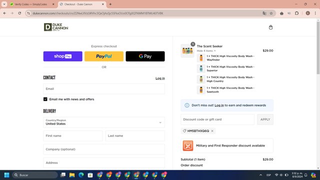 Duke Cannon Supply Co. checkout page showing Duke Cannon Supply Co. promo code box | Screenshot taken by SimplyCodes community member on Sep 8, 2024