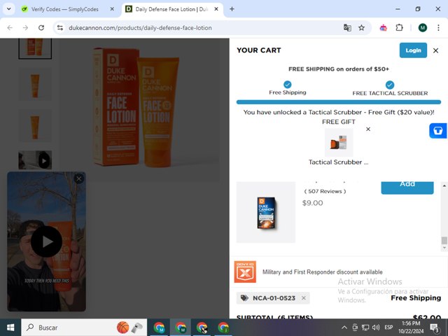 Duke Cannon Supply Co. checkout page showing Duke Cannon Supply Co. promo code box | Screenshot taken by SimplyCodes community member on Oct 22, 2024