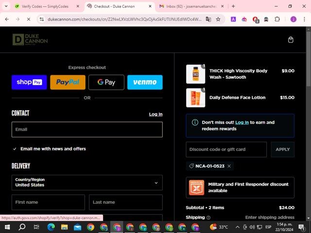 Duke Cannon Supply Co. checkout page showing Duke Cannon Supply Co. promo code box | Screenshot taken by SimplyCodes community member on Oct 22, 2024