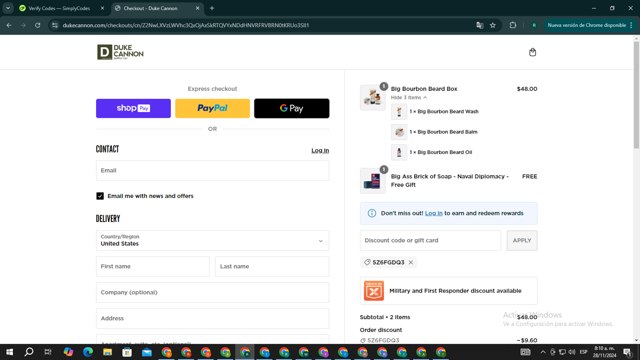 Duke Cannon Supply Co. checkout page showing Duke Cannon Supply Co. promo code box | Screenshot taken by SimplyCodes community member on Nov 28, 2024
