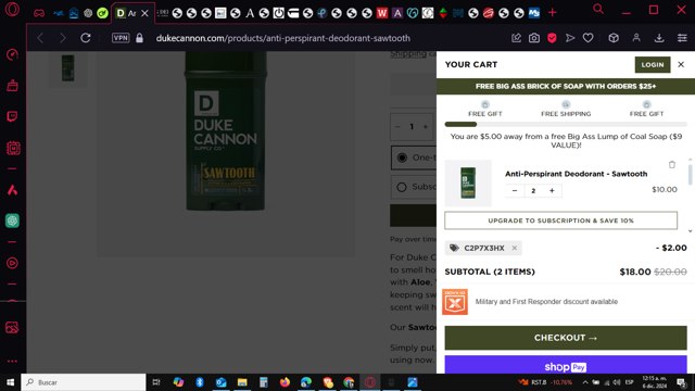 Duke Cannon Supply Co. checkout page showing Duke Cannon Supply Co. promo code box | Screenshot taken by SimplyCodes community member on Dec 6, 2024