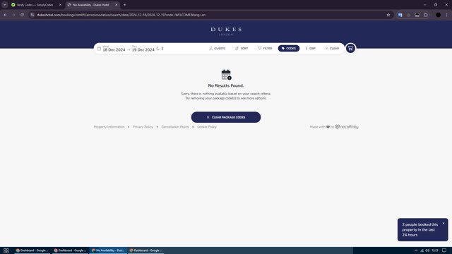 DUKES Hotel checkout page showing DUKES Hotel promo code box | Screenshot taken by SimplyCodes community member on Dec 18, 2024