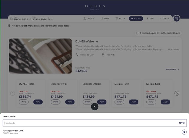 DUKES Hotel checkout page showing DUKES Hotel promo code box | Screenshot taken by SimplyCodes community member on Oct 28, 2024