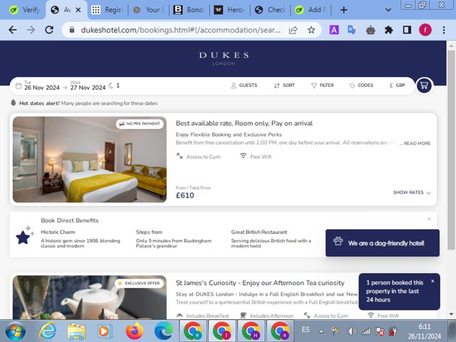 DUKES Hotel checkout page showing DUKES Hotel promo code box | Screenshot taken by SimplyCodes community member on Nov 26, 2024