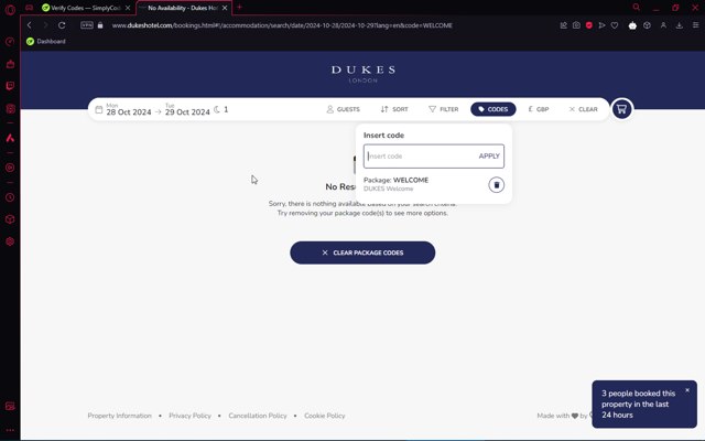 DUKES Hotel checkout page showing DUKES Hotel promo code box | Screenshot taken by SimplyCodes community member on Oct 28, 2024