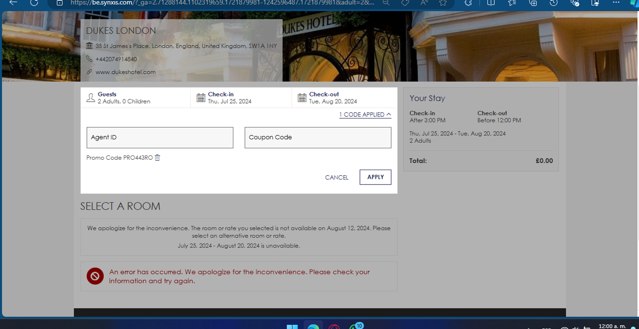DUKES Hotel checkout page showing DUKES Hotel promo code box | Screenshot taken by SimplyCodes community member on Jul 25, 2024