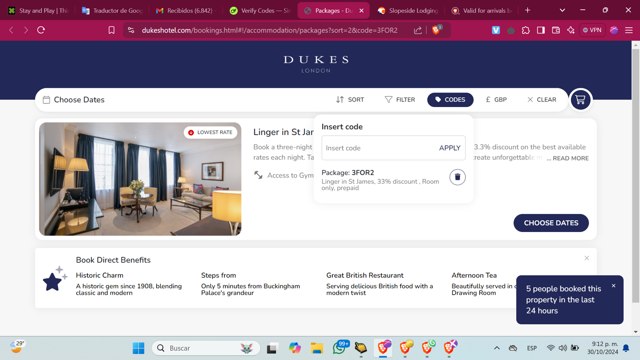 DUKES Hotel checkout page showing DUKES Hotel promo code box | Screenshot taken by SimplyCodes community member on Oct 31, 2024
