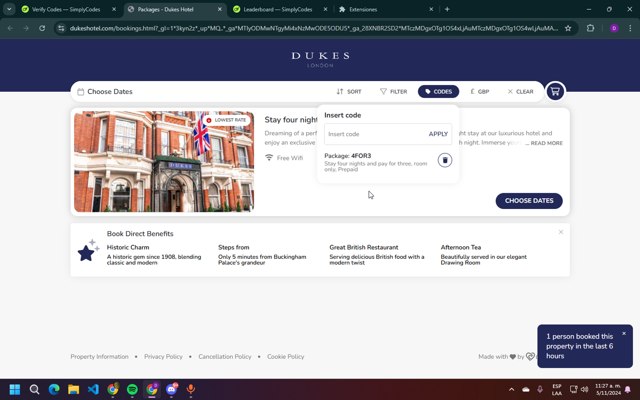 DUKES Hotel checkout page showing DUKES Hotel promo code box | Screenshot taken by SimplyCodes community member on Nov 5, 2024