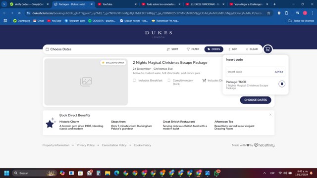 DUKES Hotel checkout page showing DUKES Hotel promo code box | Screenshot taken by SimplyCodes community member on Dec 13, 2024