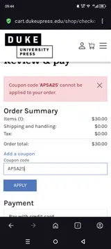 Duke University Press coupon verification screenshot