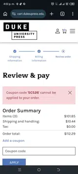 Duke University Press coupon verification screenshot