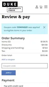 Duke University Press coupon verification screenshot