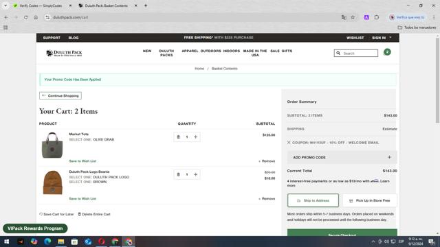Duluth Pack checkout page showing Duluth Pack promo code box | Screenshot taken by SimplyCodes community member on Dec 9, 2024