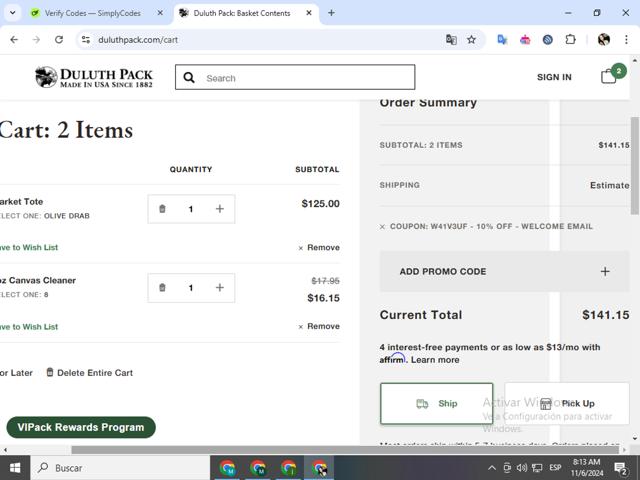 Duluth Pack checkout page showing Duluth Pack promo code box | Screenshot taken by SimplyCodes community member on Nov 6, 2024