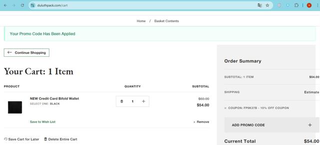 Duluth Pack checkout page showing Duluth Pack promo code box | Screenshot taken by SimplyCodes community member on Apr 3, 2025