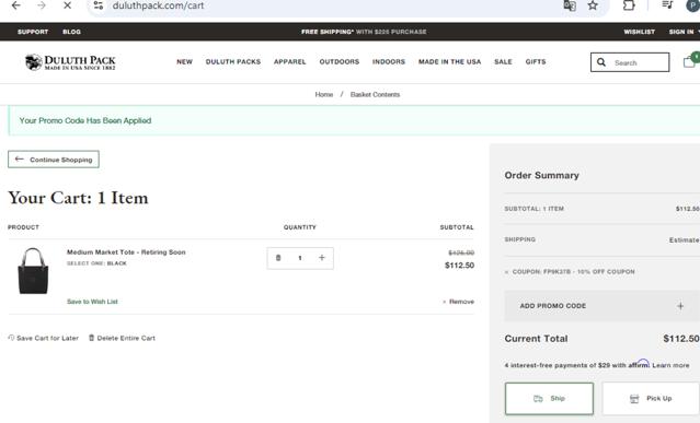Duluth Pack checkout page showing Duluth Pack promo code box | Screenshot taken by SimplyCodes community member on Nov 6, 2024
