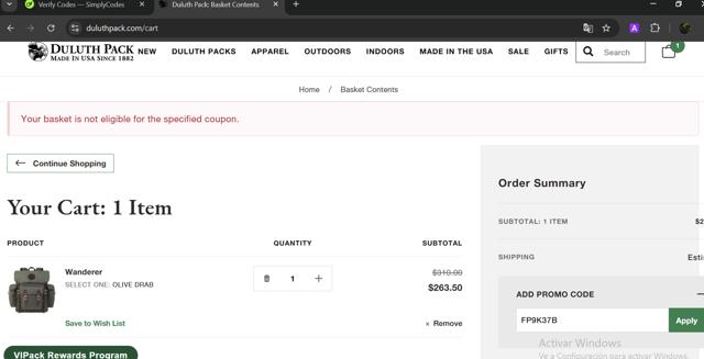 Duluth Pack checkout page showing Duluth Pack promo code box | Screenshot taken by SimplyCodes community member on Dec 9, 2024