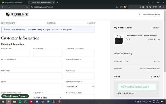 Duluth Pack checkout page showing Duluth Pack promo code box | Screenshot taken by SimplyCodes community member on Jan 31, 2025
