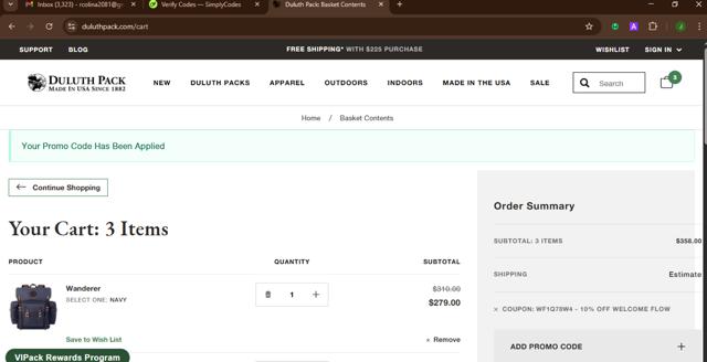 Duluth Pack checkout page showing Duluth Pack promo code box | Screenshot taken by SimplyCodes community member on Aug 19, 2025