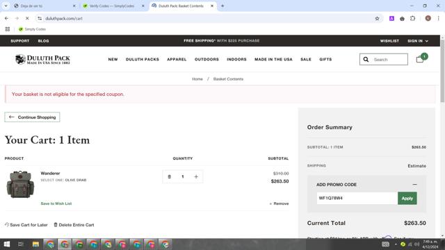 Duluth Pack checkout page showing Duluth Pack promo code box | Screenshot taken by SimplyCodes community member on Dec 4, 2024