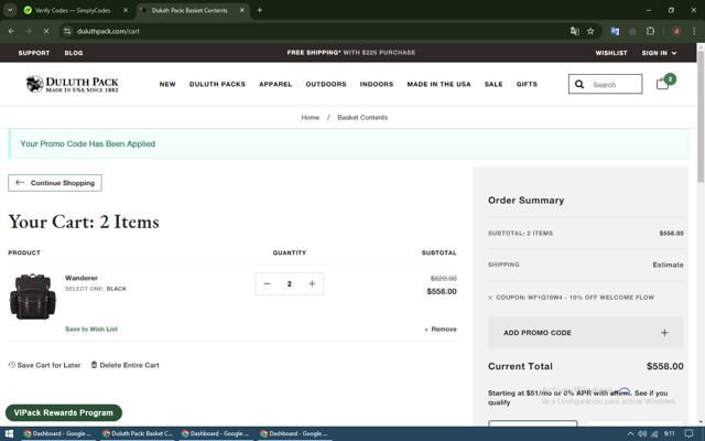 Duluth Pack checkout page showing Duluth Pack promo code box | Screenshot taken by SimplyCodes community member on Nov 5, 2024