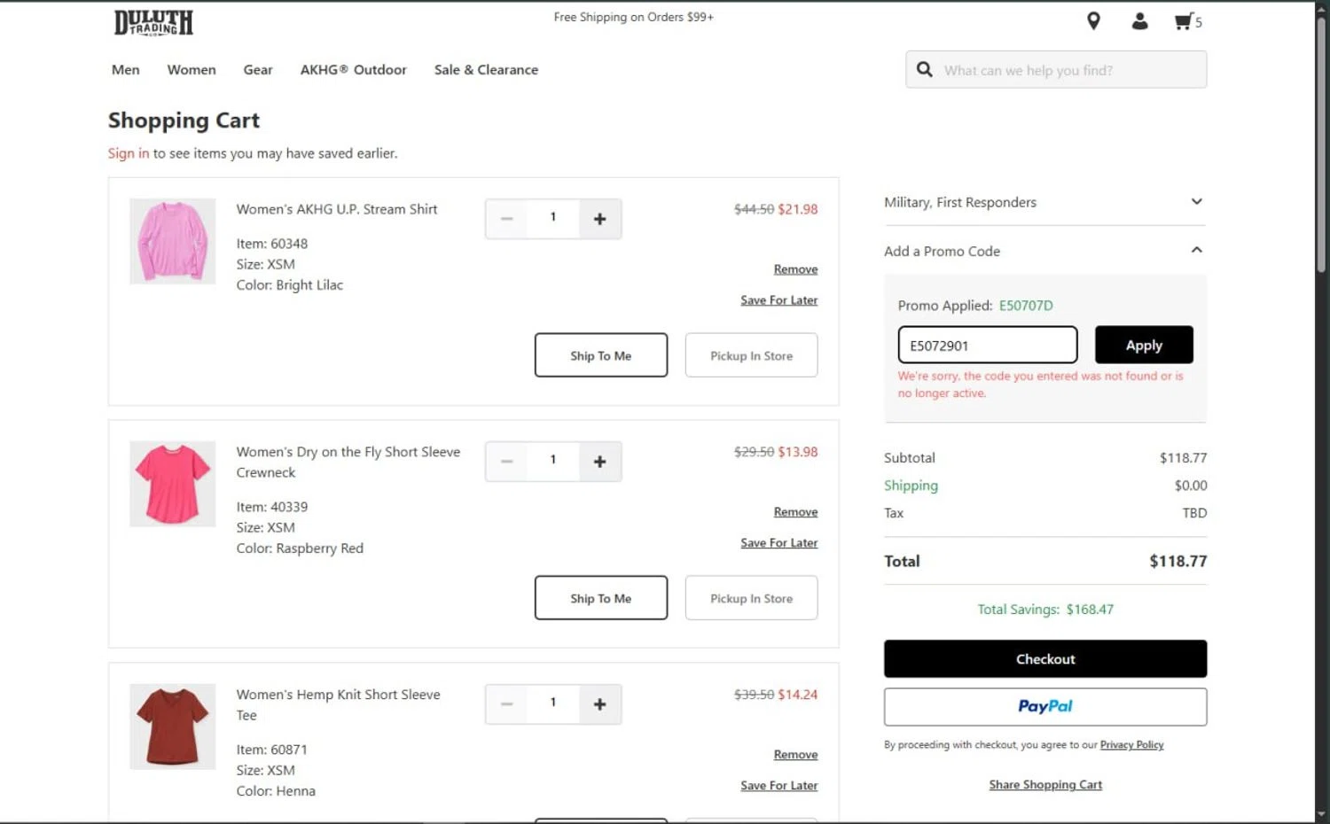 Duluth Trading promo code screenshot showing code E5072901 applied at Duluth Trading checkout page. Uploaded by SimplyCodes community member WiseScout3498 on Aug 27, 2025