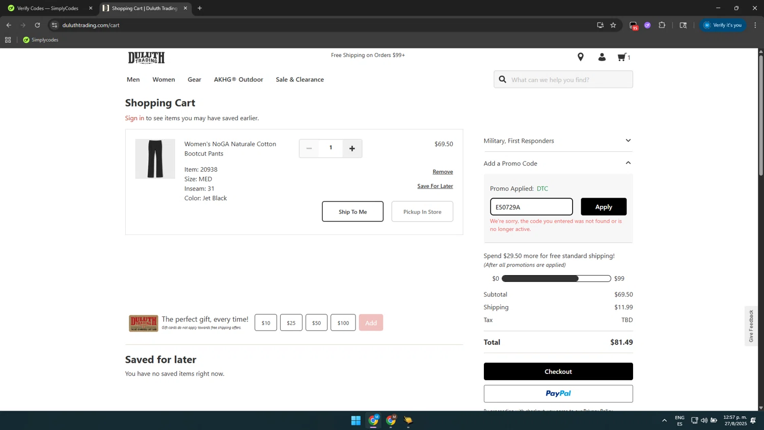 Duluth Trading promo code screenshot showing code E50729A applied at Duluth Trading checkout page. Uploaded by SimplyCodes community member GloriousSaver4644 on Aug 27, 2025