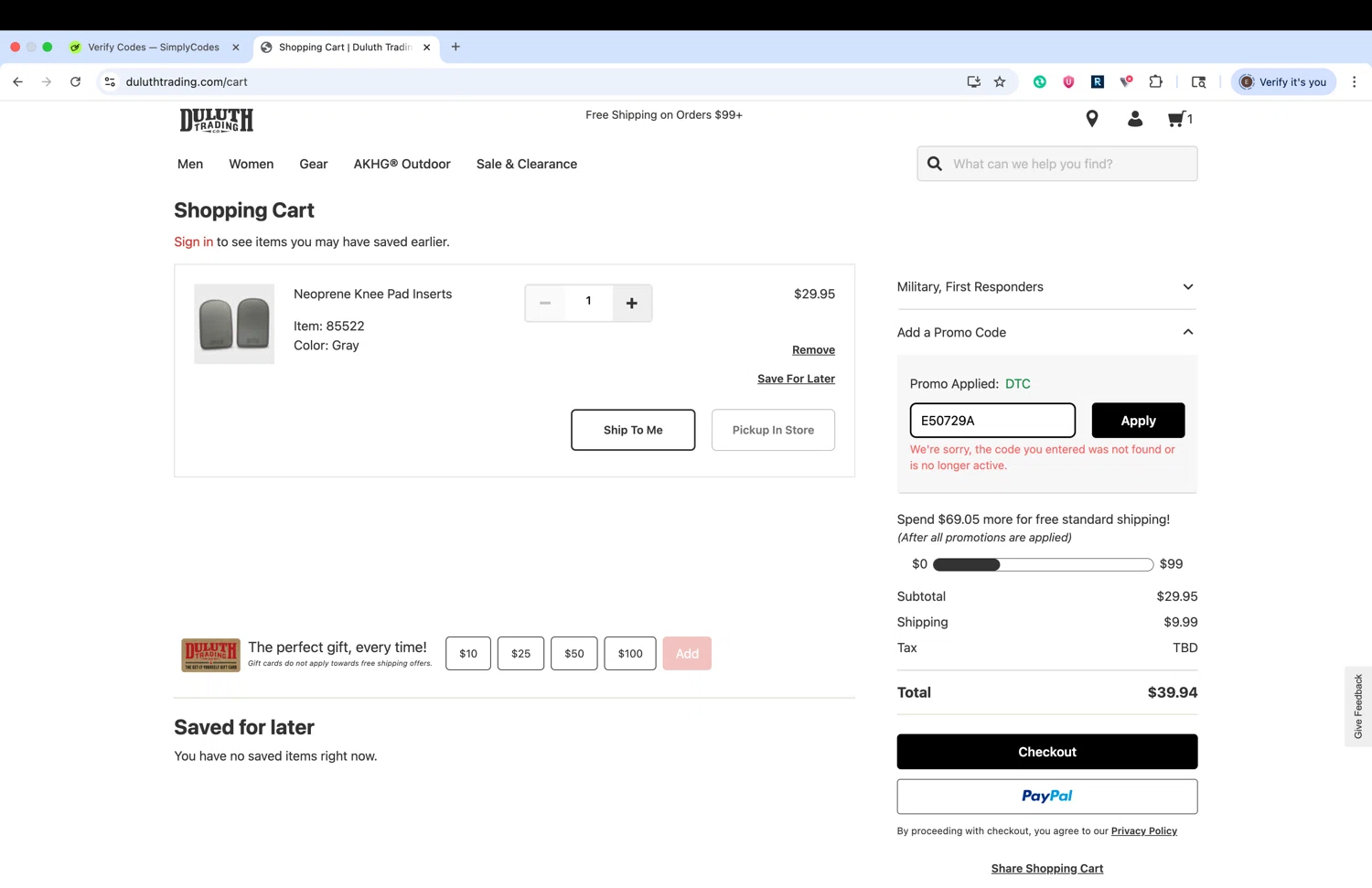 Duluth Trading promo code screenshot showing code E50729A applied at Duluth Trading checkout page. Uploaded by SimplyCodes community member naimbethak on Aug 27, 2025
