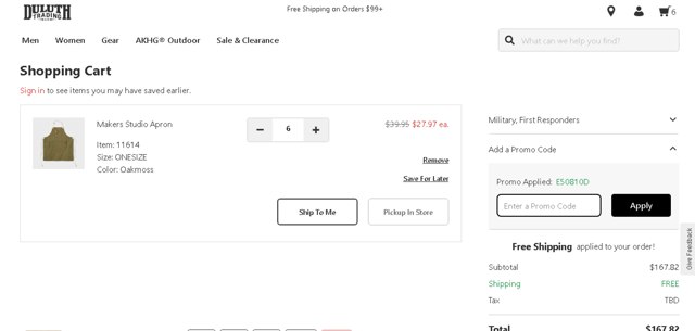 Duluth Trading checkout page showing Duluth Trading promo code box | Screenshot taken by SimplyCodes community member on Aug 10, 2025