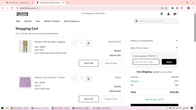 Duluth Trading checkout page showing Duluth Trading promo code box | Screenshot taken by SimplyCodes community member on Aug 10, 2025