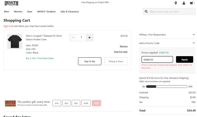 Duluth Trading checkout page showing Duluth Trading promo code box | Screenshot taken by SimplyCodes community member on Aug 11, 2025