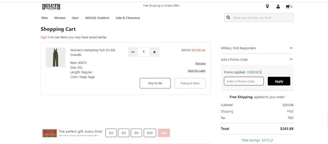 Duluth Trading checkout page showing Duluth Trading promo code box | Screenshot taken by SimplyCodes community member on Aug 16, 2025