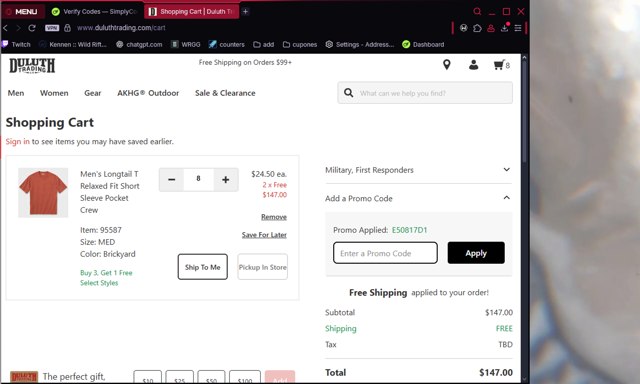 Duluth Trading checkout page showing Duluth Trading promo code box | Screenshot taken by SimplyCodes community member on Aug 18, 2025