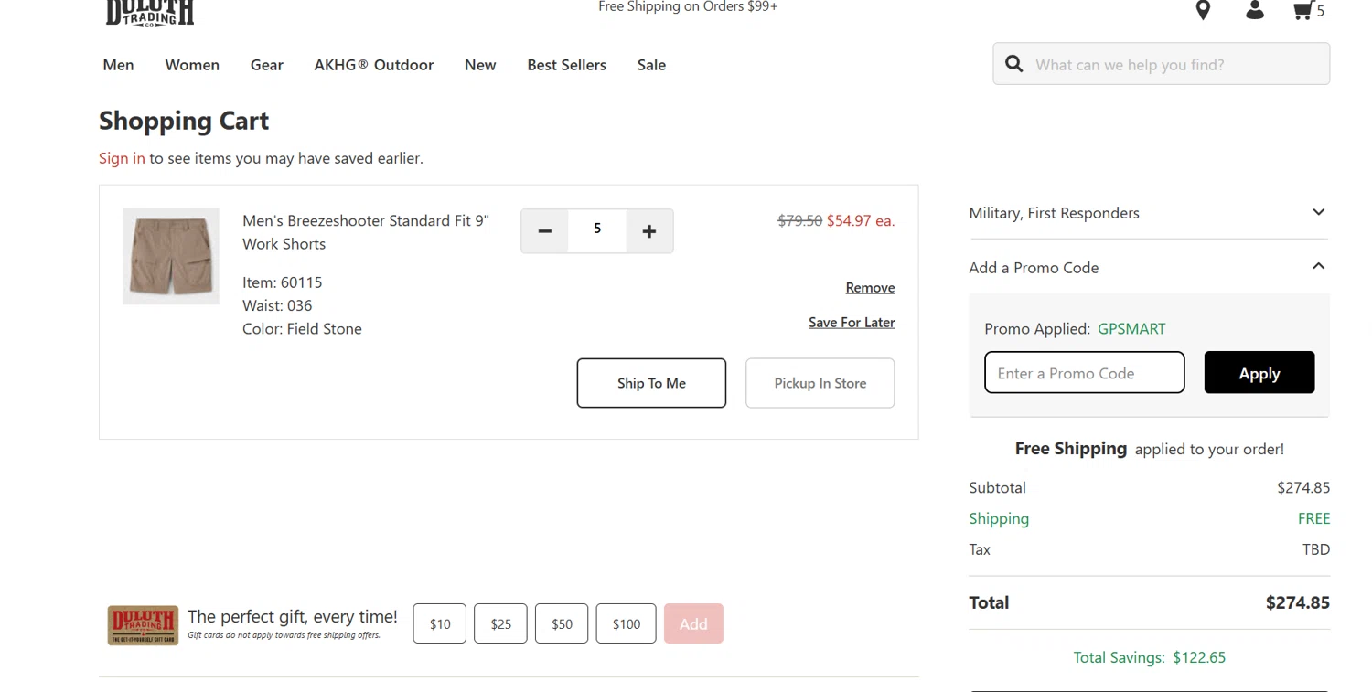 Duluth Trading promo code screenshot showing code IMPACTAFF applied at Duluth Trading checkout page. Uploaded by SimplyCodes community member tranquilidad on Jun 18, 2025