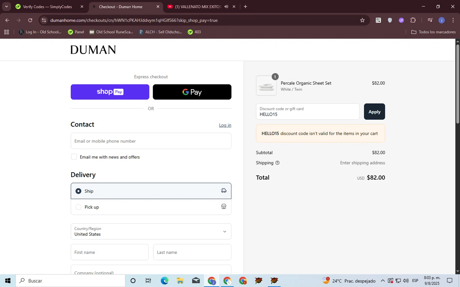 Duman Home promo code screenshot showing code HELLO15 applied at Duman Home checkout page. Uploaded by SimplyCodes community member CouponOwl5049 on Aug 10, 2025