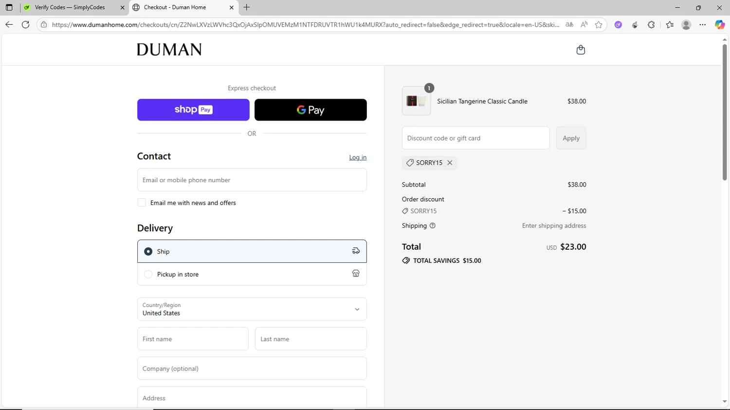 Duman Home promo code screenshot showing code SORRY15 applied at Duman Home checkout page. Uploaded by SimplyCodes community member CrownShopper2899 on Jul 8, 2025