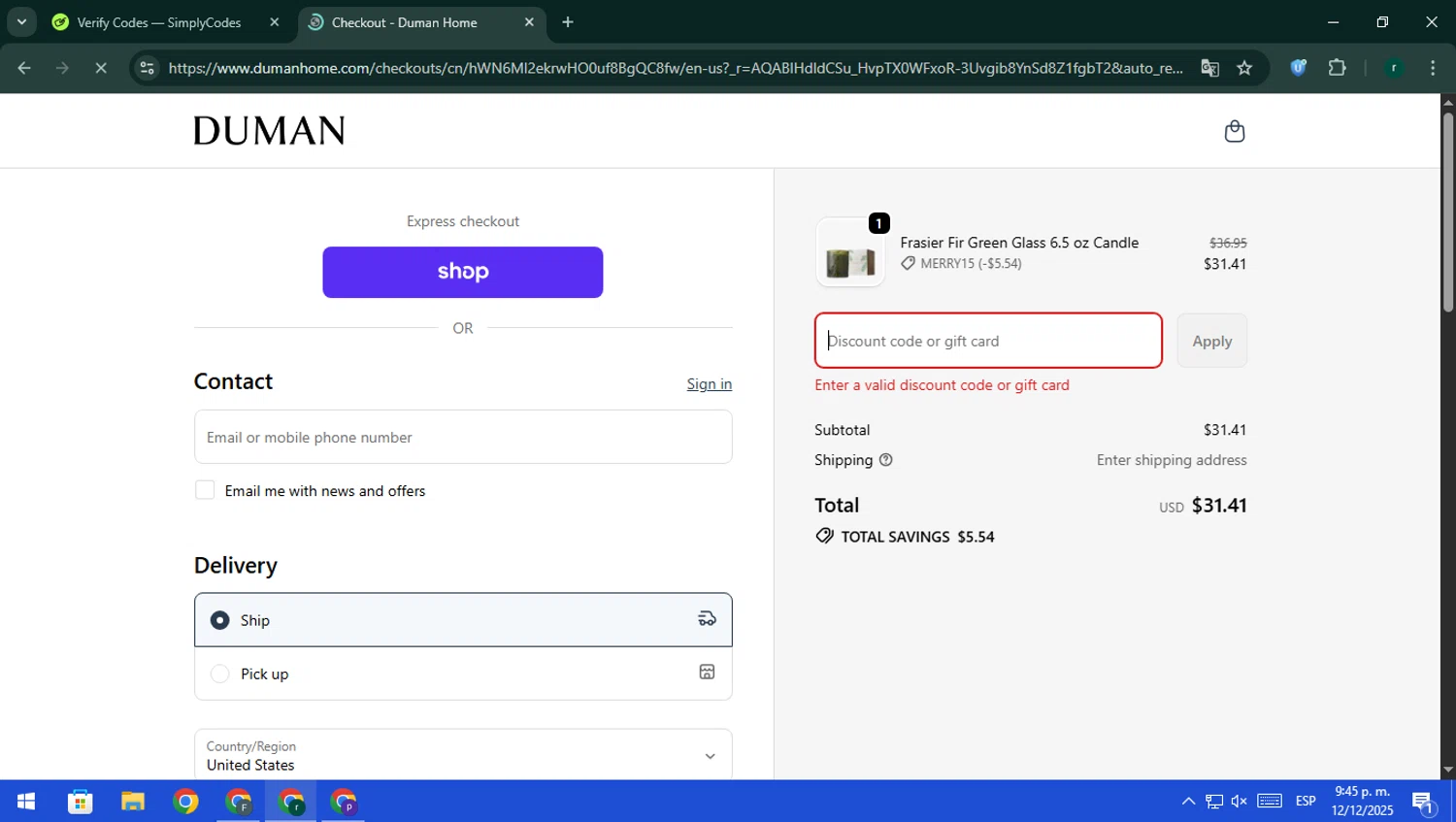 Duman Home promo code screenshot showing code MERRY25 applied at Duman Home checkout page. Uploaded by SimplyCodes community member rodri1 on Dec 13, 2025